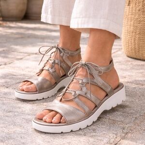 Paul Green Hilo Lace Up Sandals Metallic Taupe Comfort Platform 7.5